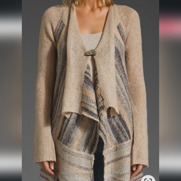 free people cozy kisses natural soft striped open cardigan sweater M - Picture 2 of 8